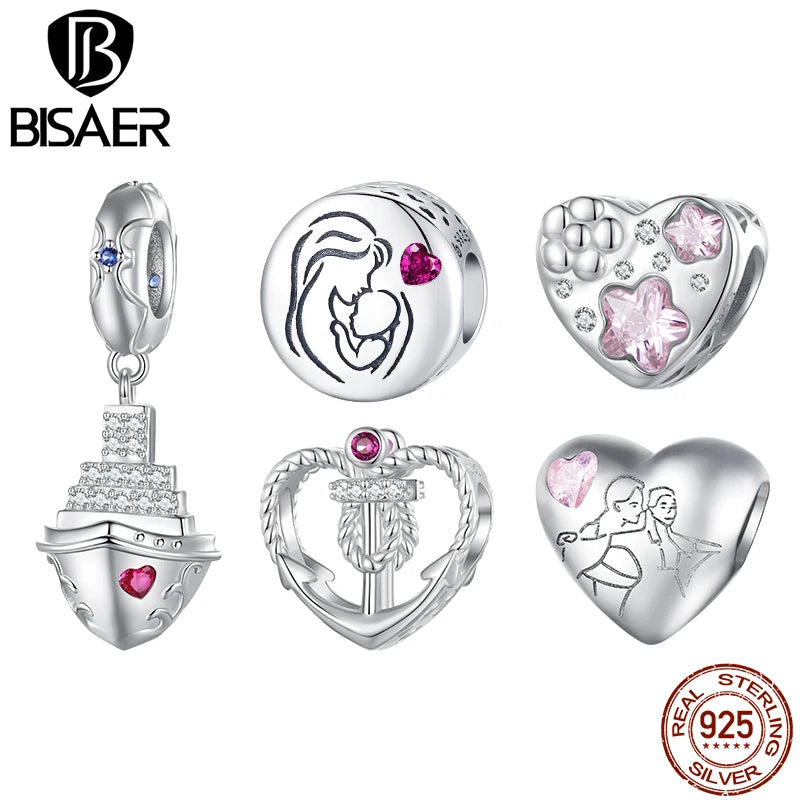 BISAER 925 Sterling Silber Herz Charm Bead Mom Dampfschiff Anhänger Platiniert Fit Muttertag Geburtstag Armband DIY Schmuck