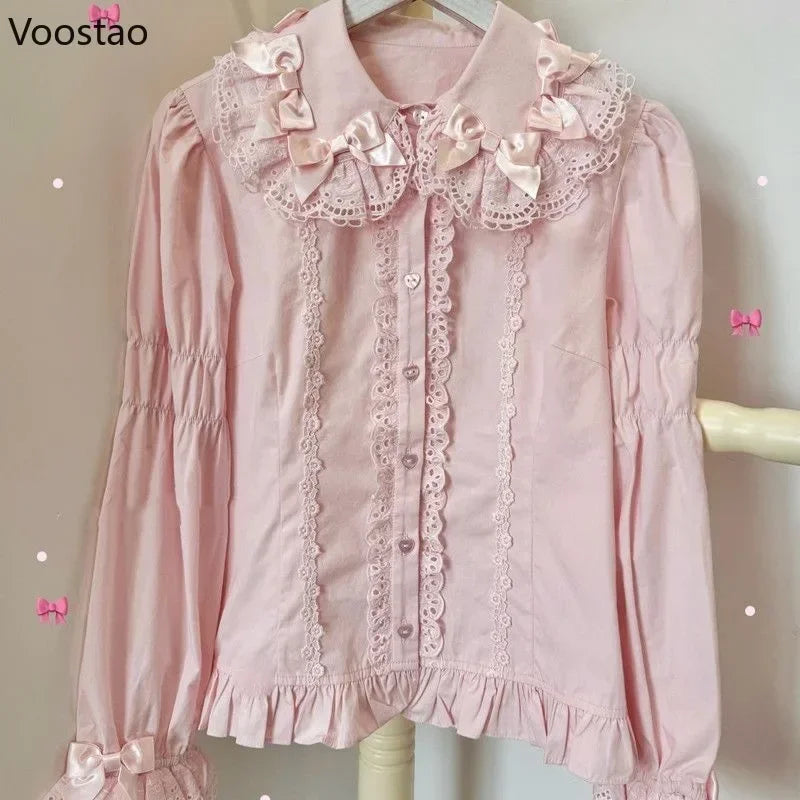 Japanese Style Sweet Lolita Shirts Women Harajuku Peter Pan Collar Bow Lace Ruffles Long Sleeve White Blouse Blusas Mujer Tops