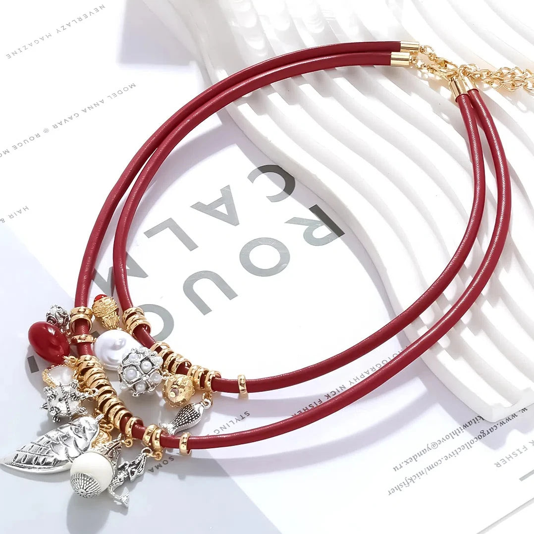 ZAA Luxury Multi-layer Leaf Small Fish Heart Pendant Leather Rope Necklace