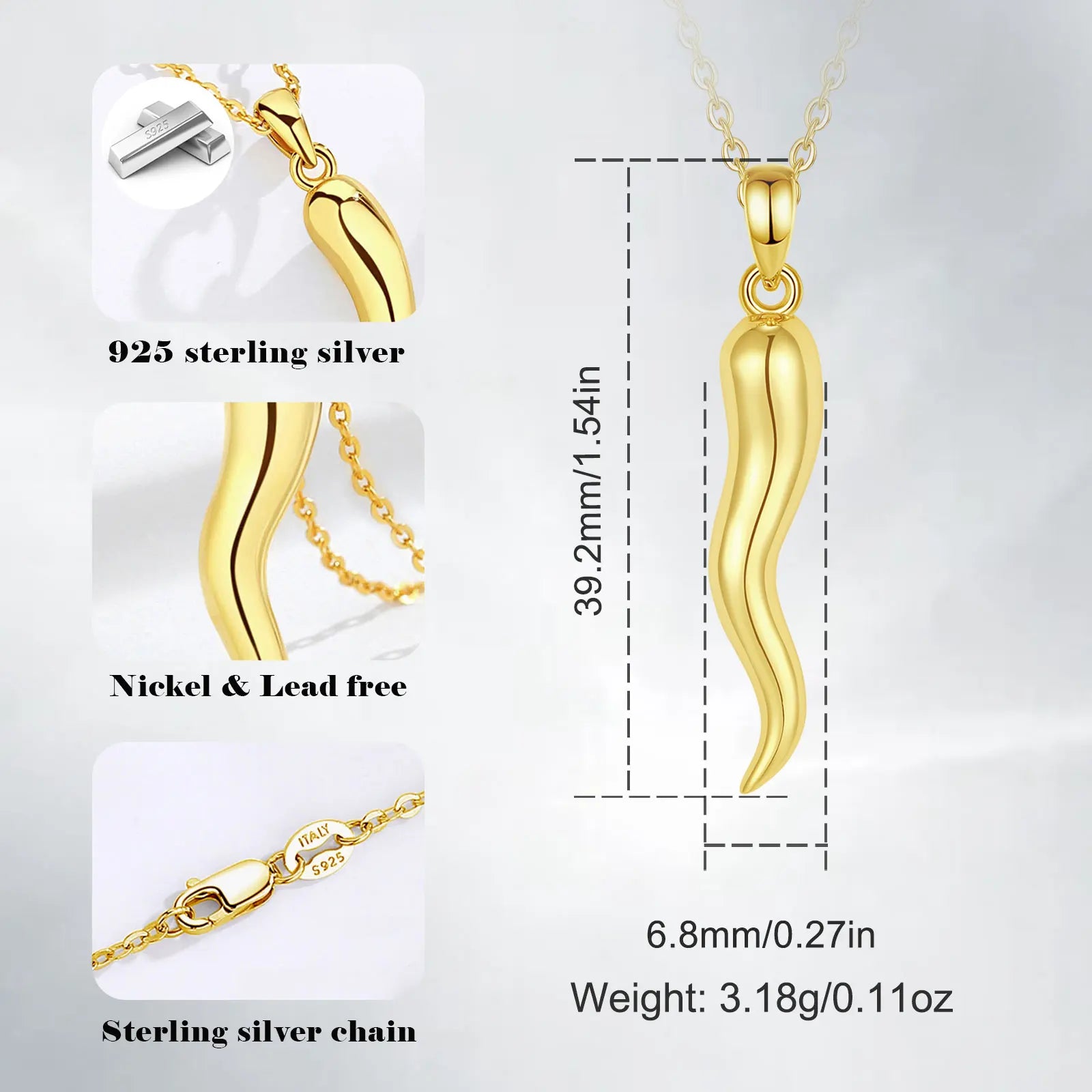Eudora 925 Sterling Silver Italian Horn Necklace for Men Women Gold Plated Good Luck Cornicello Amulet Jewelry Unique Gift