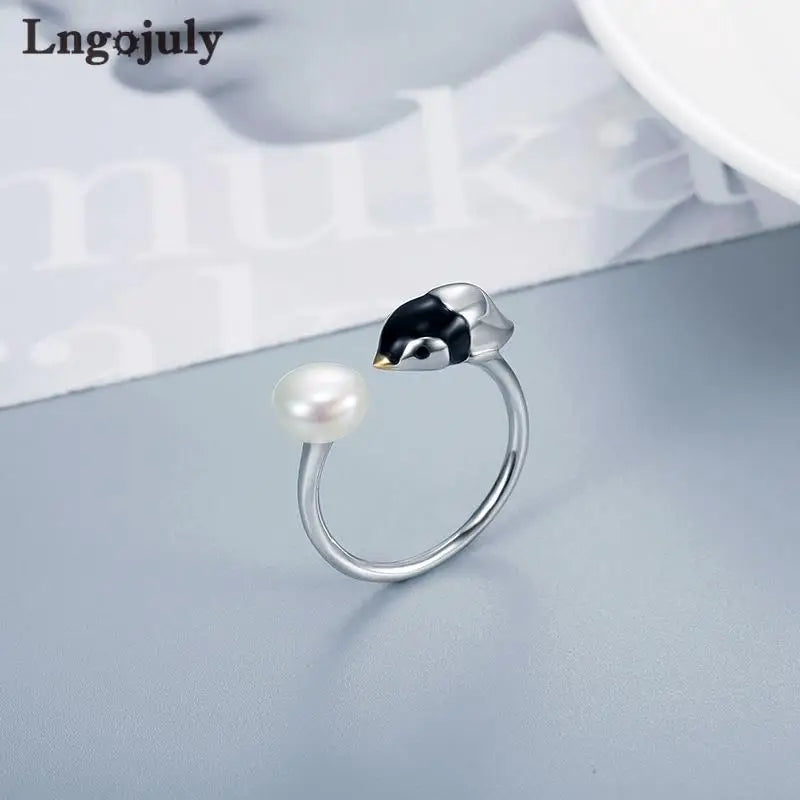 Fine Jewelry 925 Sterling Silver Adjustable Pearl Penguin Ring For Women Girl Anniversary Wedding Party Jewelry Gifts