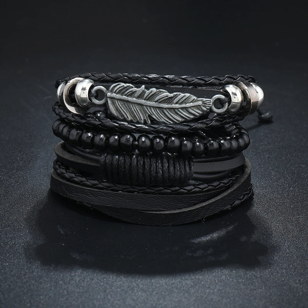 Vintage Leather Bracelet Men New Men's Leather Set Bracelet PU Leather Product Feather Wood Bead Pull Cord Bracelet Jewelry