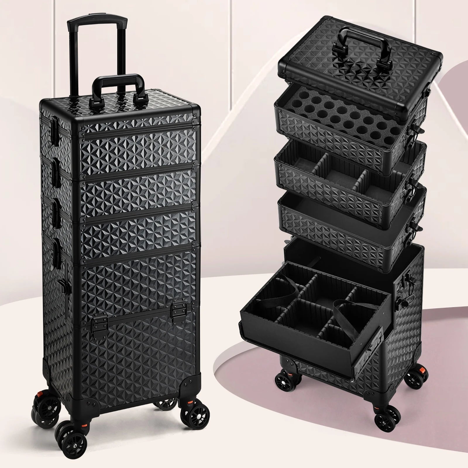 Professional Makeup Train Case on Wheels, Extra Large Cosmetic Case Rolling Makeup Case Trolley Makeup Organizer with Wheels