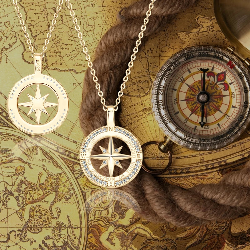 OXTAO 925 Sterling Silver Compass Pendant Necklace 1.0mm Cubic Zirconia Ladies Clavicle Chain Necklace Birthday Party Gifts