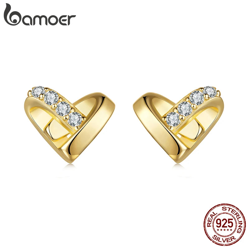 BAMOER 925 Sterling Silber Mini Gold Herz Ohrstecker mit Zirkonia-Besatz, hypoallergen, für Damen, zeitloses Schmuckgeschenk