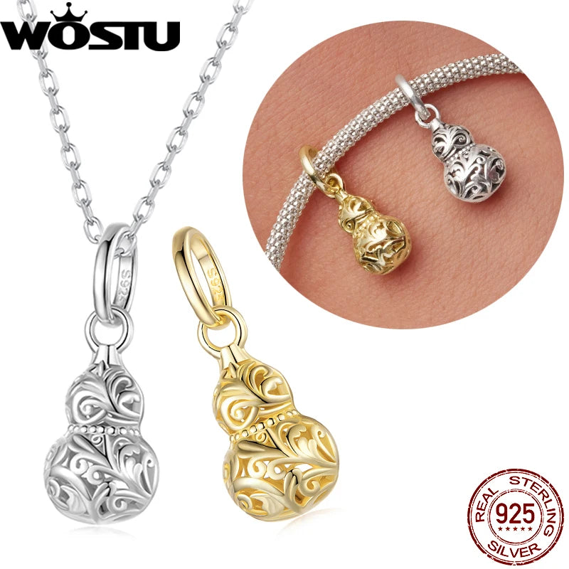 WOSTU 925 Sterling Silver Hollow Pattern Style Gourd Pendant For Women DIY Gift Original Charm beads Fit Bracelet Necklace