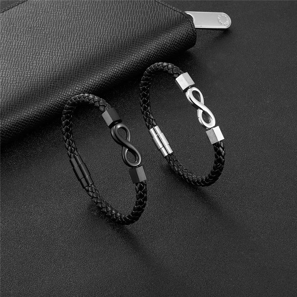 MKENDN Simple Style Infinity Bracelet Braided Leather Bracelets For Men Women Black Stainless Steel Jewelry Gifts