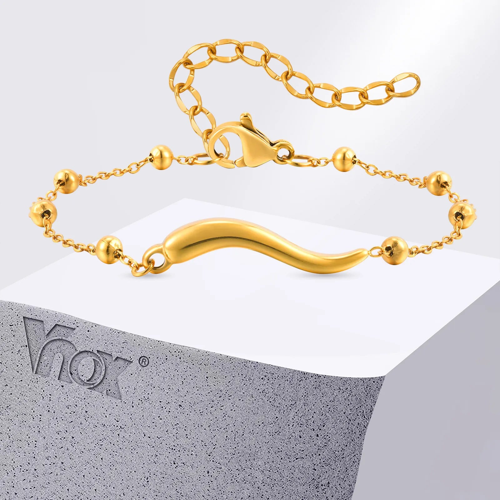 Vnox New Stainless Steel Small Chili Bracelet,Classic Gold Plated Beads Chain Smooth Accessories,Hand Bracelet Jewelry Gifts