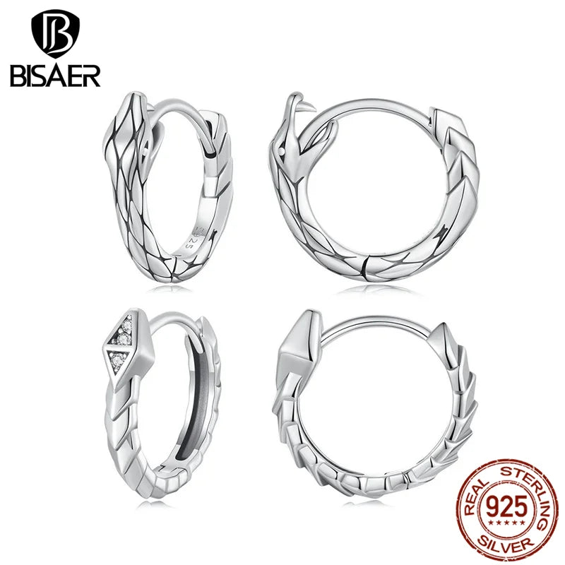 Boucles d'oreilles créoles en argent sterling 925 BISAER - Boucles d'oreilles à tige en forme de serpent - Textures rétro - Pour femme - Hip Hop - Bijoux fins originaux - EFE1149