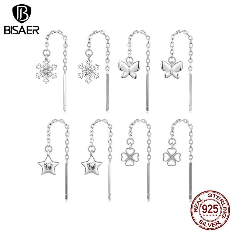 Boucles d'oreilles en argent sterling 925 BISAER en forme de flocon de neige, papillon, étoile, trèfle à quatre feuilles, plaqué or blanc pour femmes