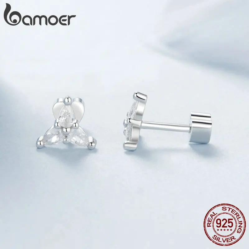 BAMOER 925 Sterling Silver Classic 3 Flowers Sparkling Flower CZ Stud Earrings for Women, Gold Plated Hypoallergenic Earring