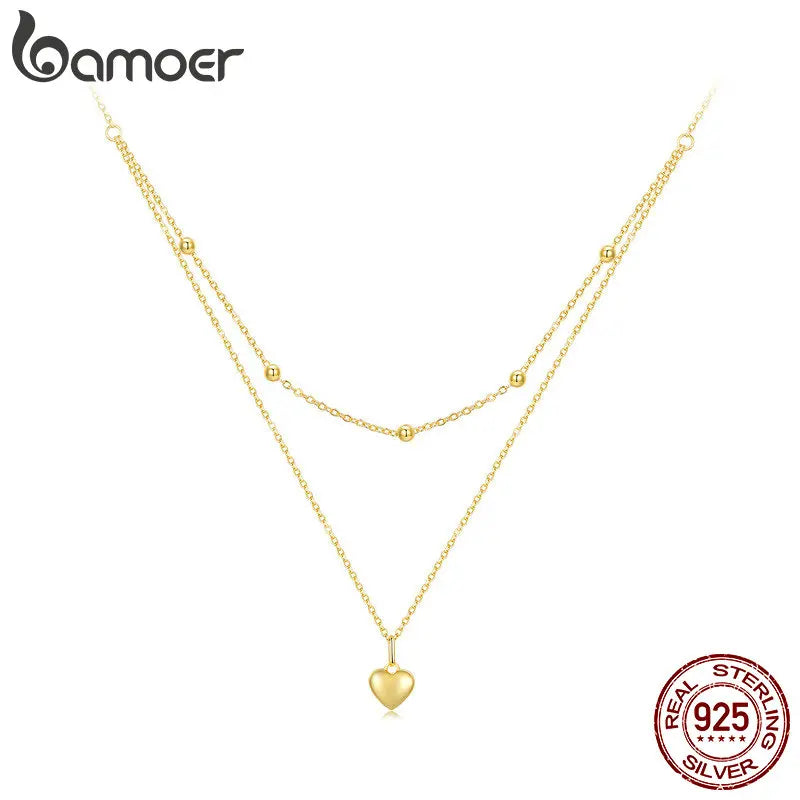 BAMOER 925 Sterling Silber Romantische Herzanhänger-Halskette für Damen, Gold Doppellagiges Choker, Feiner Schmuck für Damen, Jahrestag