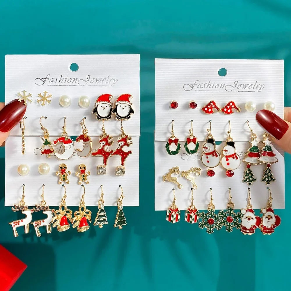 Ensemble de 6 paires de boucles d'oreilles de Noël, motif dessin animé dégoulinant d'huile, élan, Père Noël et sapin de Noël pour femmes