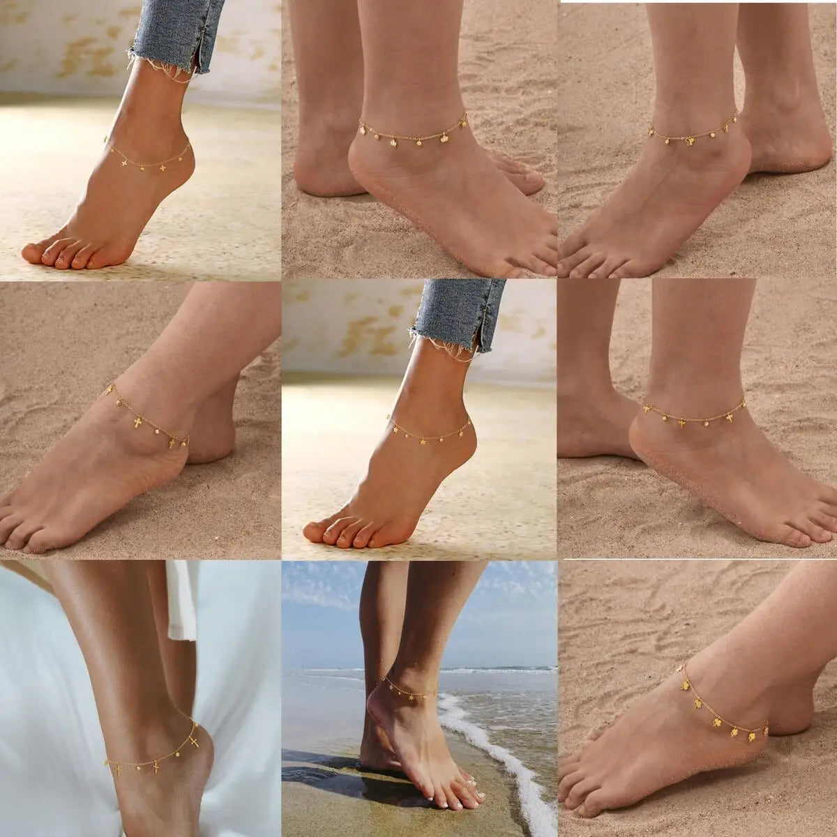 Vnox Gold Color Charm Female Chain Anklet Stainless Steel Cross Crown Star Pendant Barefoot Bracelet Women Beach Jewelry Summer