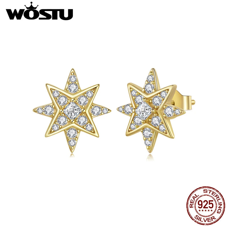 WOSTU 14K Gold Plated 925 Sterling Silver Star Stud Earrings For Women ,Sparkling CZ Earrings Hypoallergenic Birthday Gift