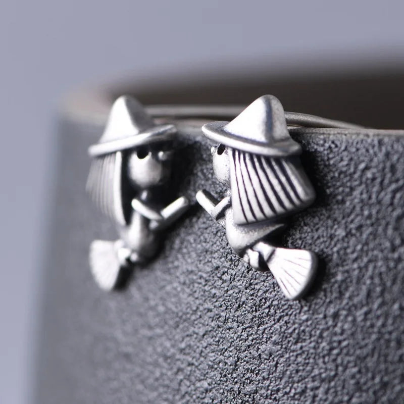MKENDN Real 925 Sterling Silver Creative Retro Witch Stud Earring Trendy Street Punk Style Ear Pin for Men Women Fine Jewelry
