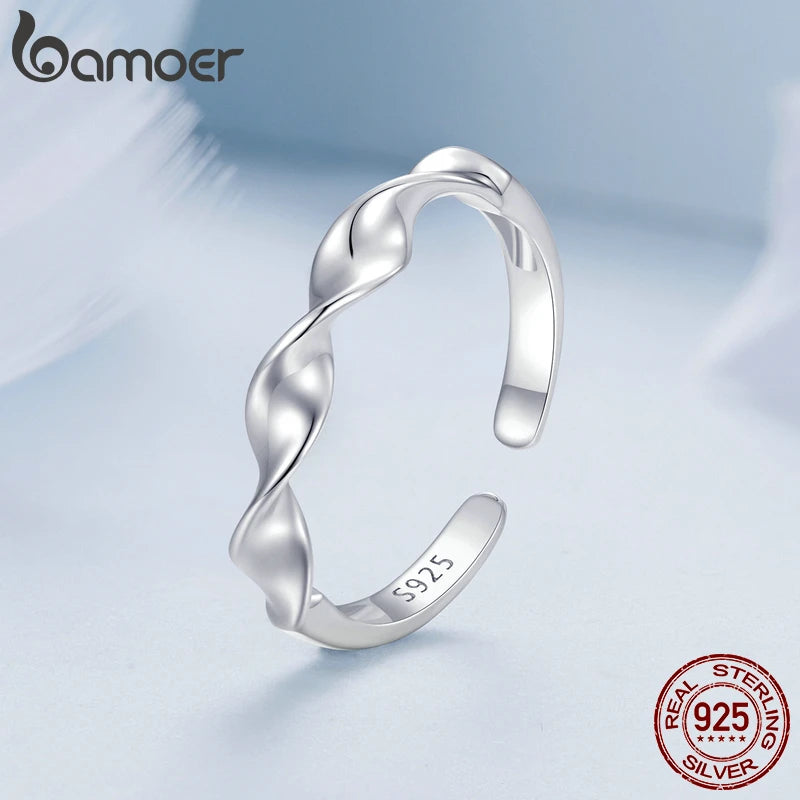 Bamoer 925 Sterling Silber Schlichter gedrehter Öffnungsring Meereswelle Verstellbarer Ring für Frauen Party Minimalistischer edler Schmuck
