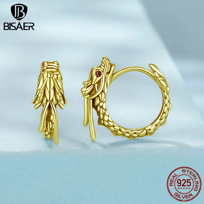 BISAER Solid 925 Sterling Silver Dragon Ear Buckles Vintage Lucky Animal Earrings Plated Gold for Women Men Fine Jewelry Gift