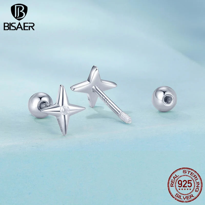 Boucles d'oreilles à tige en argent sterling 925 BISAER - Mini étoile - Boucles d'oreilles hypoallergéniques en zircon plaqué or 18 carats pour femmes - Bijoux fins de fête