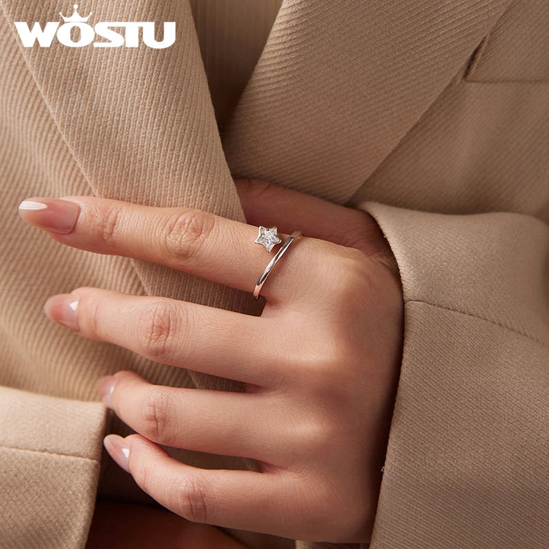 WOSTU 925 Sterling Silver Double Layer Star Opening Ring For Women,