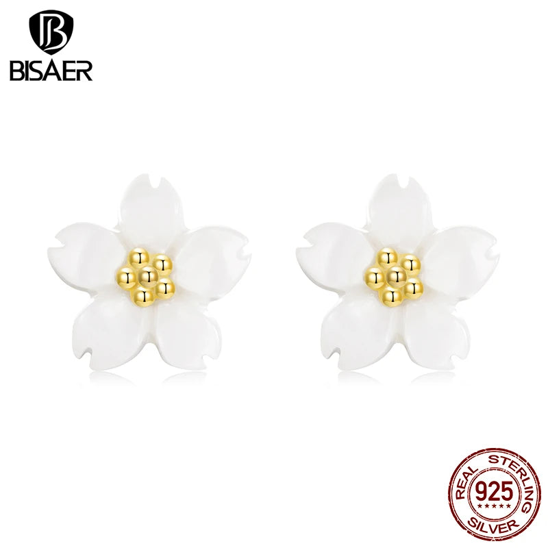 BISAER 925 Sterling Silver Sakura White Shell Stud Earrings White Cherry Blossoms Stud Ear for Women Girls Party Fine Jewelry