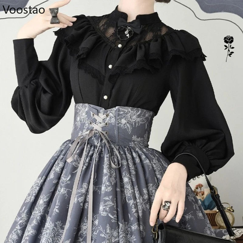 Gothic Y2k Lolita Style Shirts Women Vintage Long Sleeve Princess Blouses Girls Victorian Sweet Lace Ruffles Tops Blusas Mujer