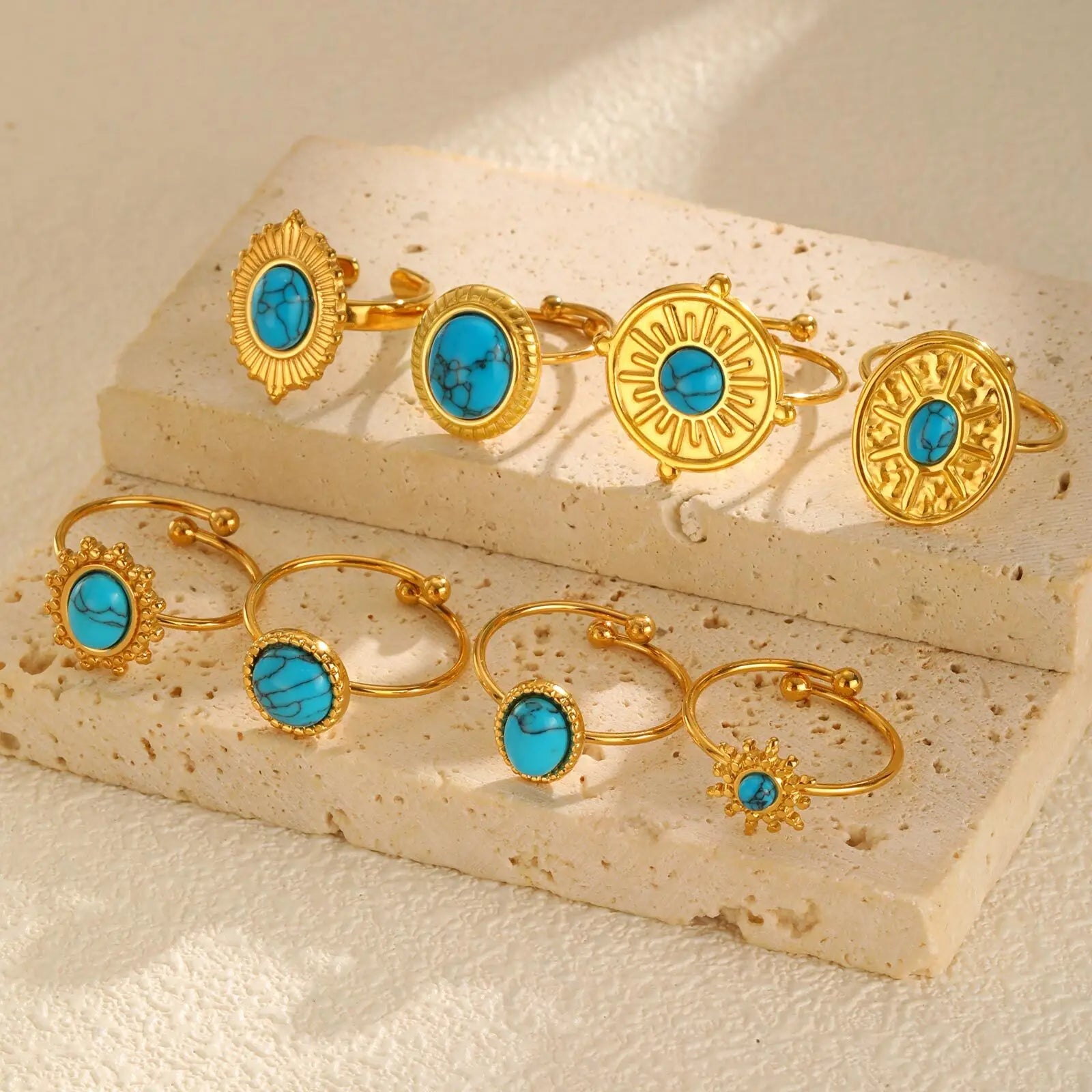 Vnox Elegant Natural Stone Stainless Steel Rings Fashion Colored Pearl Opal Turquoise Rings For Women Retro Waterproof Jewelry