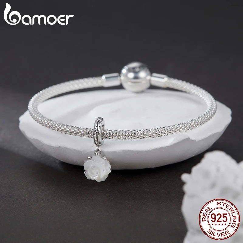 BAMOER 925 Sterling Silver White Rose Pendant fit Original Bracelet DIY Bamoer Flower Charm for Jewelry Making Christmas Gift