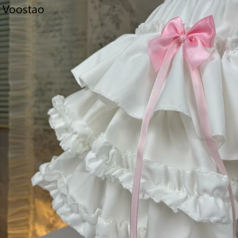 Kawaii Lolita Style Cake Skirt Japanese Fashion Women Sweet Pink Bow Ruffle Party Mini Skirts Ballet Girls Cute Y2k Faldas Mujer