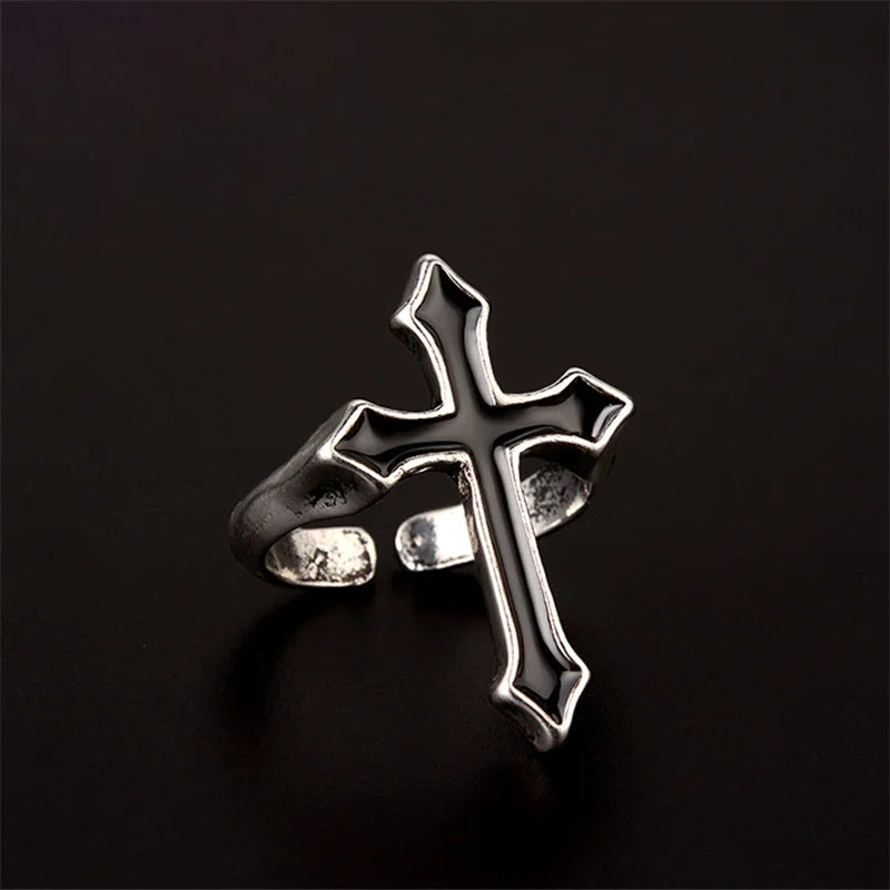 Retro Black Cross Ring For Men Women Oil Drip Metal Punk Gothic Adjustable Ring Hip Hop Handmade Unisex Jewelry Accessories Gift