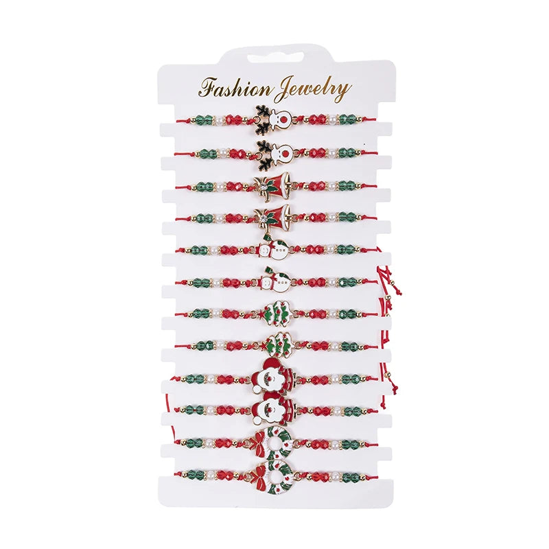 12PCS/SET Christmas Charm Bracelet Set Santa Claus Snowman Bells Elk Snowflake Rope Adjustable Bracelet for Women New Year Gift