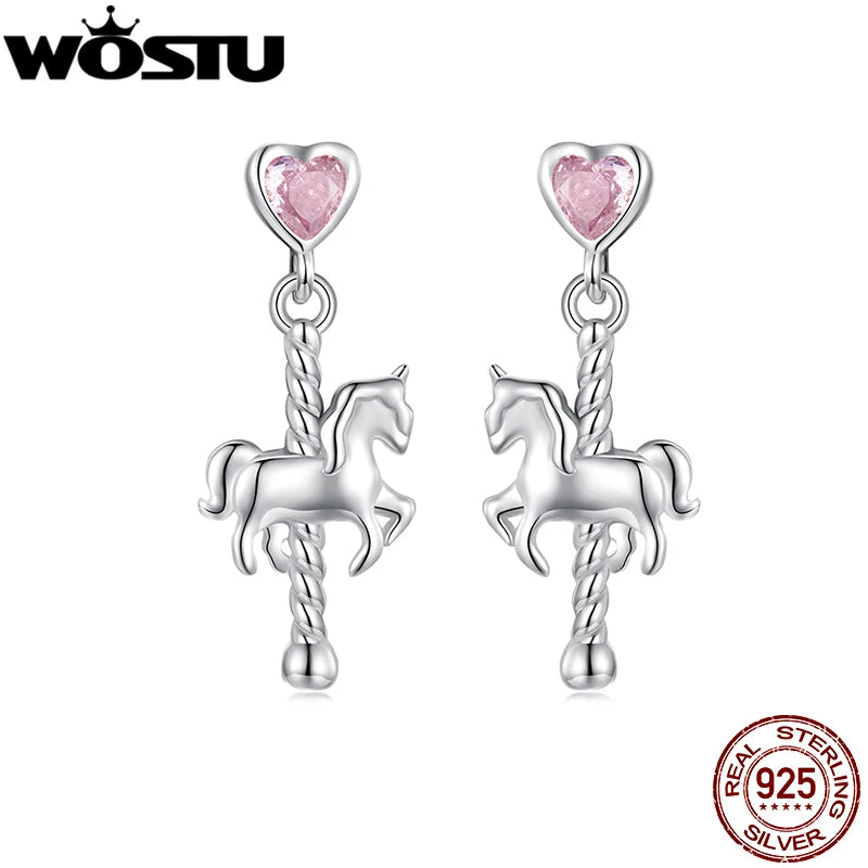 WOSTU 925 Sterling Silver Lovely Girl Birthday Jewelry Pink Heart Carousel Stud Earrings Studs Gift For Daugter Family CQE1857