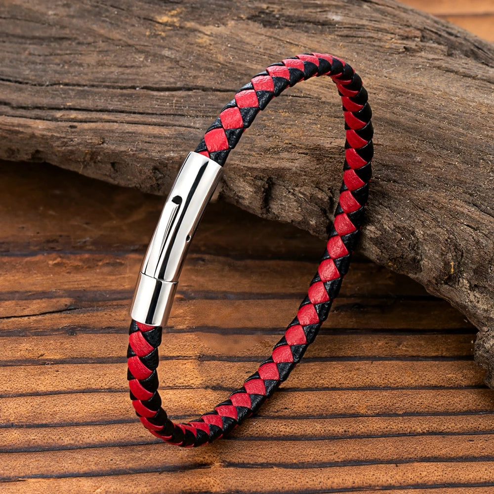 MKENDN Simple Style Black Blue Braided Leather Bracelet Bangle Stainless Steel Magnetic Buckle Jewelry For Men Women Couple Gift