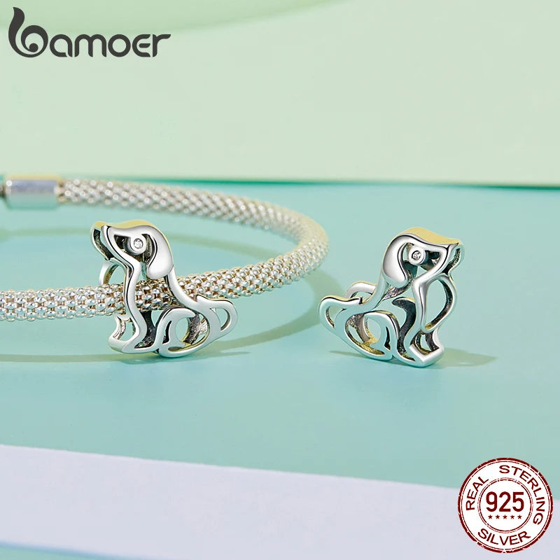 BAMOER Solid 925 Sterling Silver Hollowed Cute Dog Charm Bead fit Original Bracelet & Necklaces Jewelry DIY bamoer Charm SCC2952