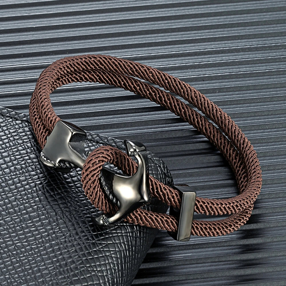 MKENDN Navy Anchor Bracelets Men Double strand Nautical Rope Bracelet Women Black Stainless Steel Surfer Sport Hook