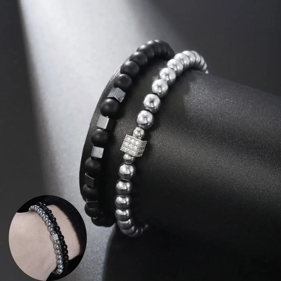 7 Styles Bracelet Set Men Black Onyx Stone Wrap Braslet Motorcycle Cycling Accessories Hombre Boyfriend Gift Abalorios Pulseras