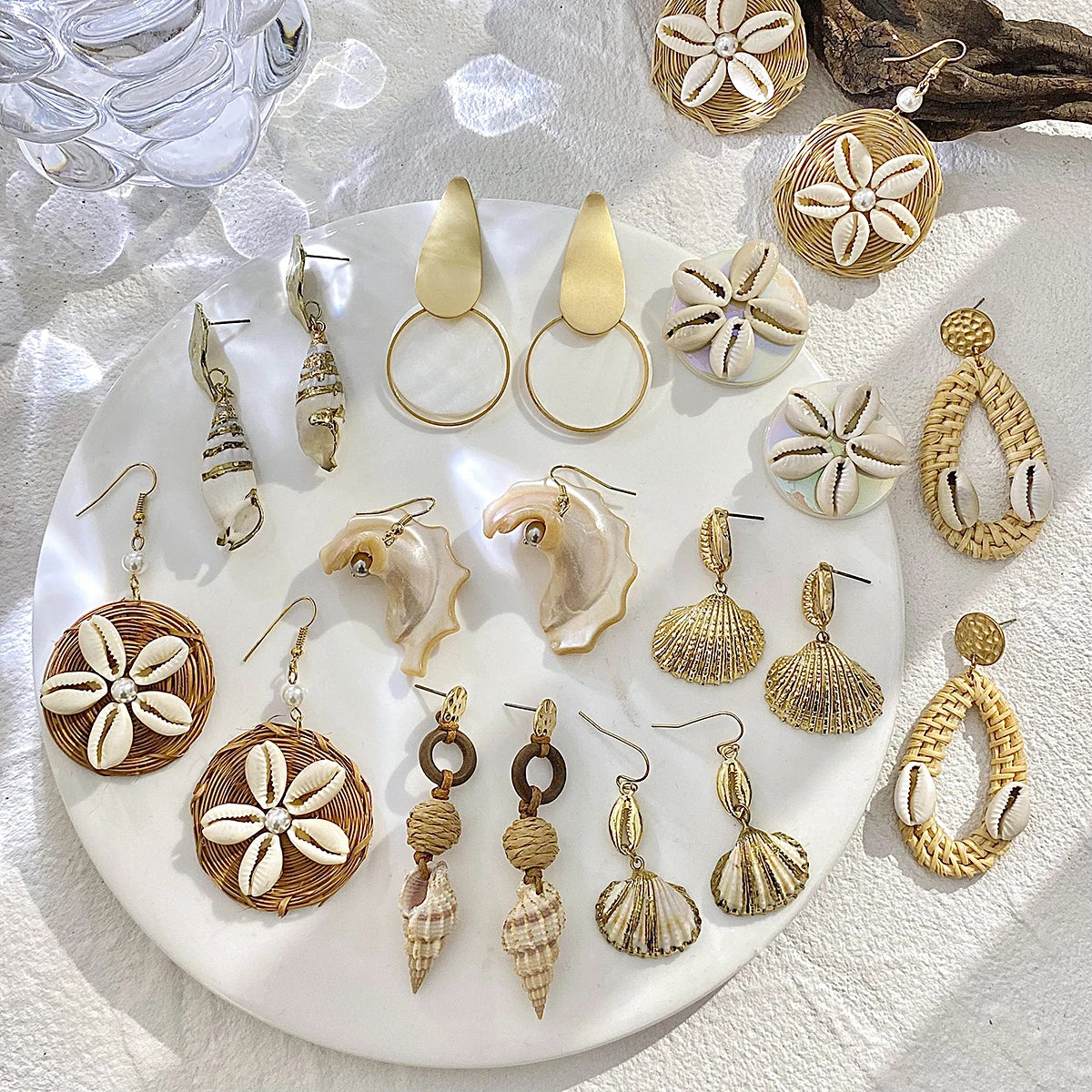 Bohemian Shell Conch Rattan Knit Drop Earrings for Women Gold Color Geometric Round Irregular Earrings Summer Beach Jewelry