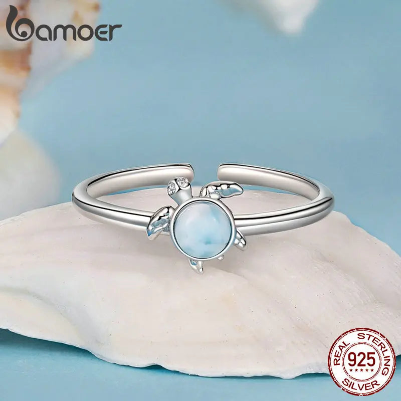 BAMOER 925 Sterling Silber Meeresschildkröte Offener Ring Strandschildkröte Verstellbare Ringe für Frauen Edler Schmuck BSR553-E