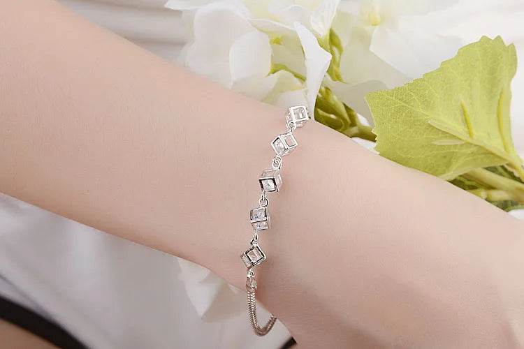 MEEKCAT 5 Style 925 Sterling Silver Jewelry Sets Zircon Square Cube Necklace+Earrings+Bracelet For Women Gift