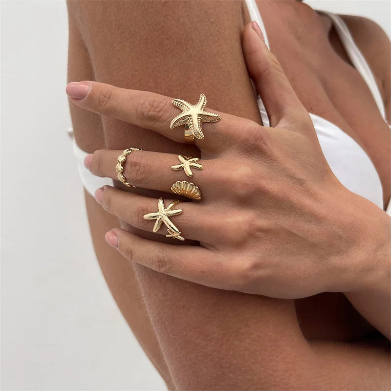 Bohemia Starfish Ring Set for Women Gold Color Sun Sea Shell Geometric Opening Adjustable Finger Rings Vacation Beach Jewelry