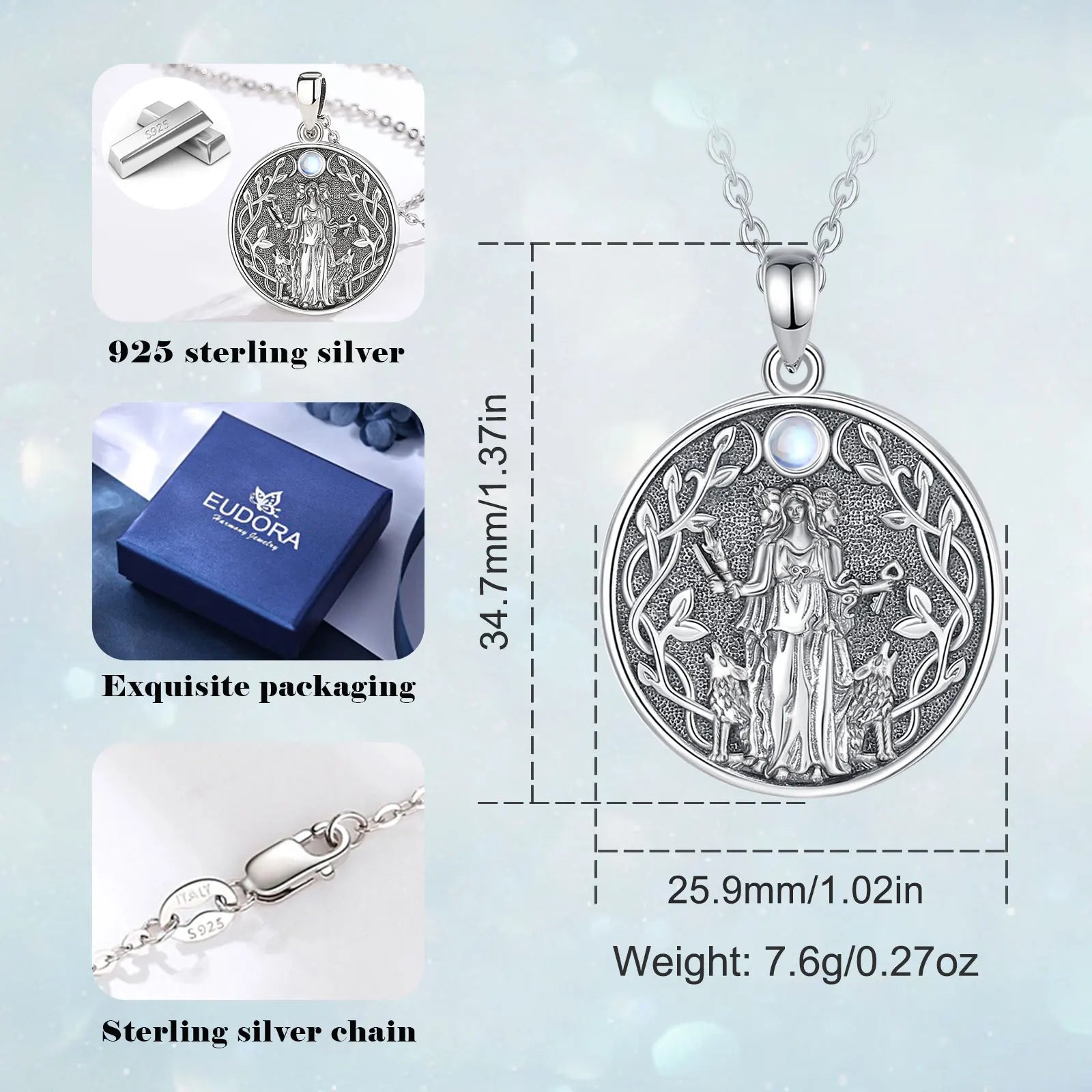 Collier Eudora en argent sterling 925 avec pendentif en forme de chien Hécate et pierre de lune, amulette de la déesse triple lune, bijoux vintage pour femme et homme, cadeau