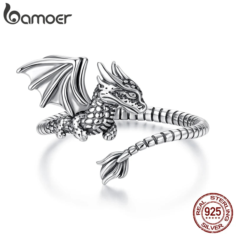 BAMOER 2025 Solid 925 Sterling Silver Dragon Open Ring, Dainty Stackable Rings Cute Dragon Ring Chic Jewelry Gifts for Women