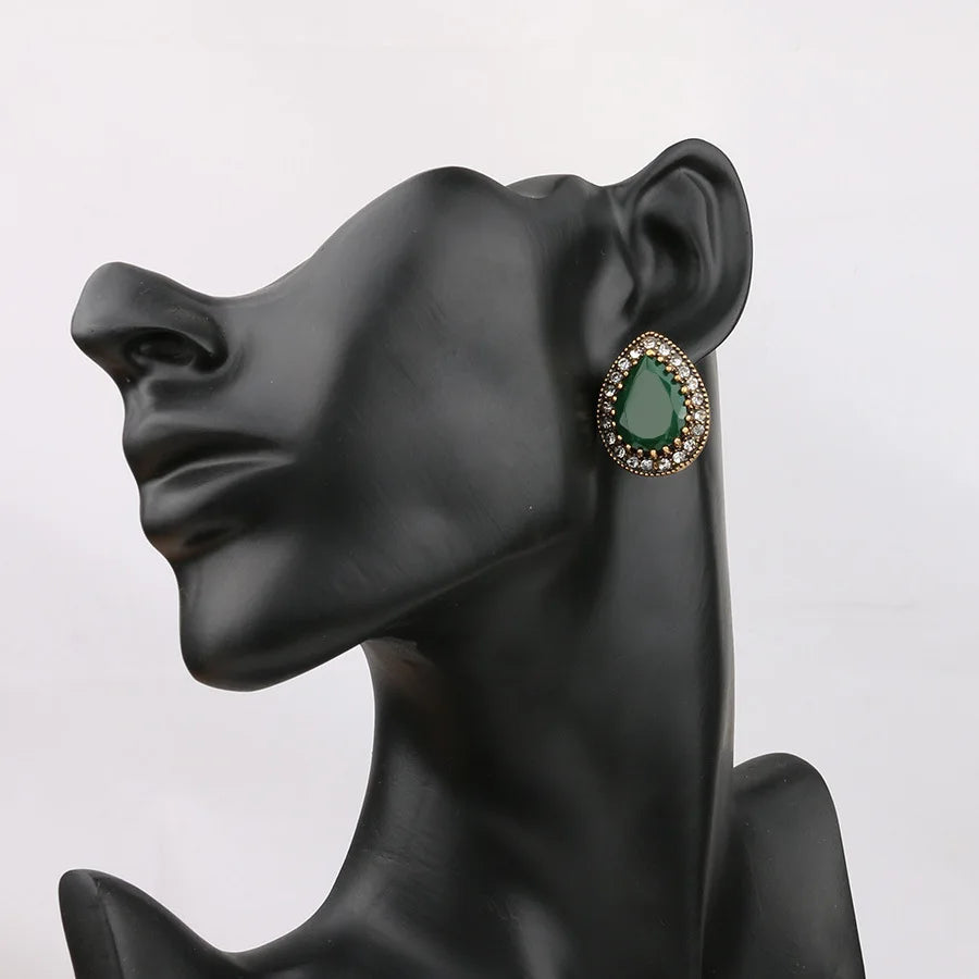 Engagement Enamel Retro Water Drop Stud Earrings for Women Girls Natural Copal Gemstone Jewelry Earring Wedding Jewelry Gifts