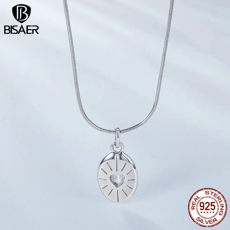 BISAER 925 Sterling Silver Starlight Necklace Pendant Heart Zircon Chain Adjustable Plated White Gold Women Fine Jewelry Gift