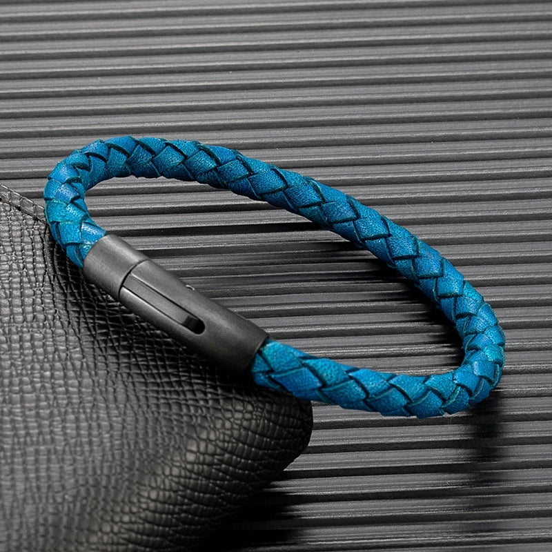 MKENDN Minimalist Men Genuine Braided Blue Leather Bracelet Matte Black Stainless Steel Magnetic Buckle Jewelry Homme Pulseras - Madeinsea©