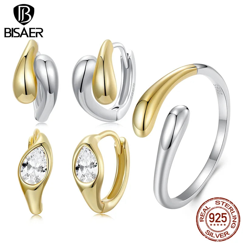 BISAER Boucles d'oreilles créoles ouvertes en argent sterling 925 en forme de goutte d'eau plaquées or pour femmes de luxe, bijoux fins de fête