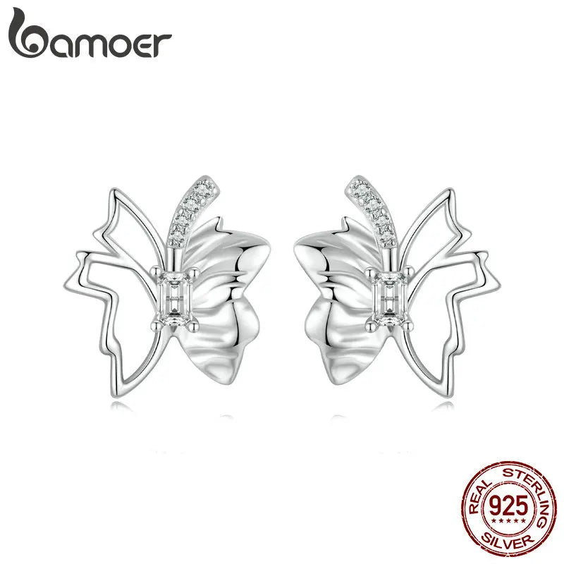 BAMOER Solid 925 Sterling Silver Dainty Autumn Leaf Butterfly Stud Earrings, Hypoallergenic Minimalist Cute Ear Studs for Women