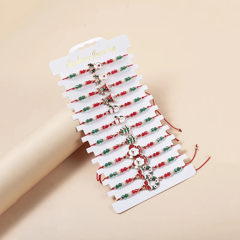 12PCS/SET Christmas Charm Bracelet Set Santa Claus Snowman Bells Elk Snowflake Rope Adjustable Bracelet for Women New Year Gift