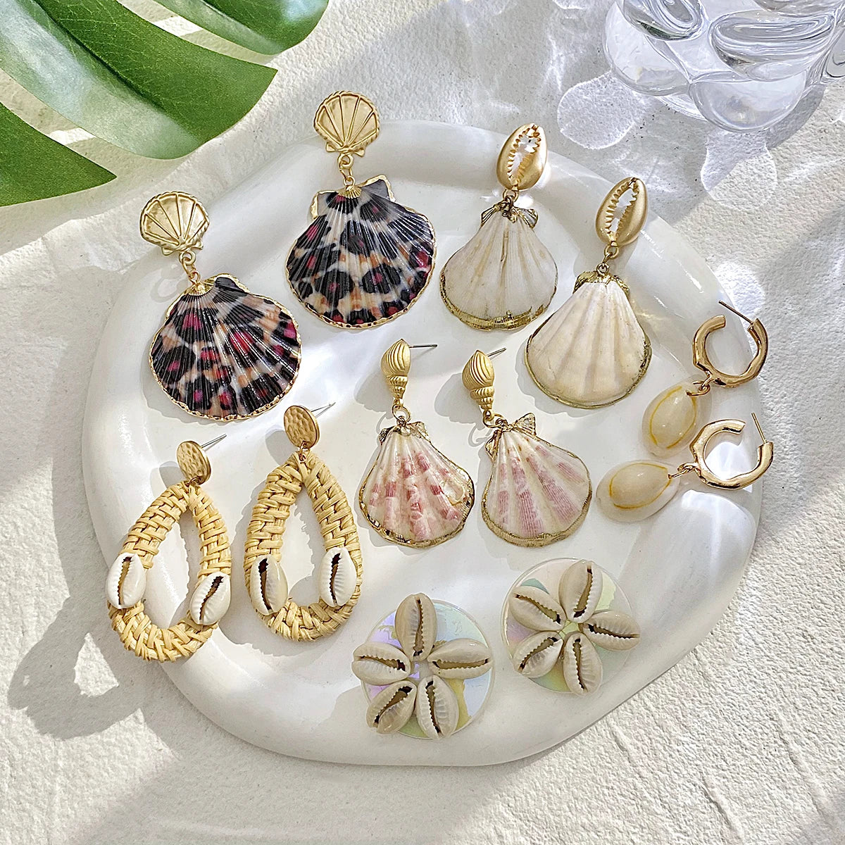 Bohemian Shell Conch Rattan Knit Drop Earrings for Women Gold Color Geometric Round Irregular Earrings Summer Beach Jewelry