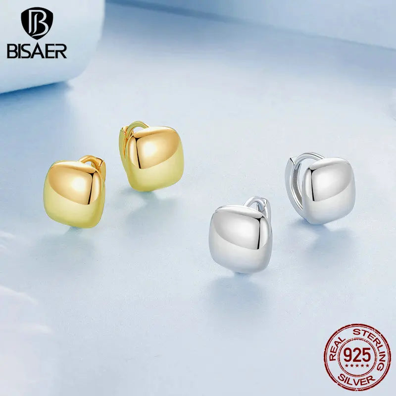 BISAER Real 925 Sterling Silver Chunky Square Hoop Earrings Metal Hypoallergenic Earrings 18K Gold-Plated for Women Fine Jewelry